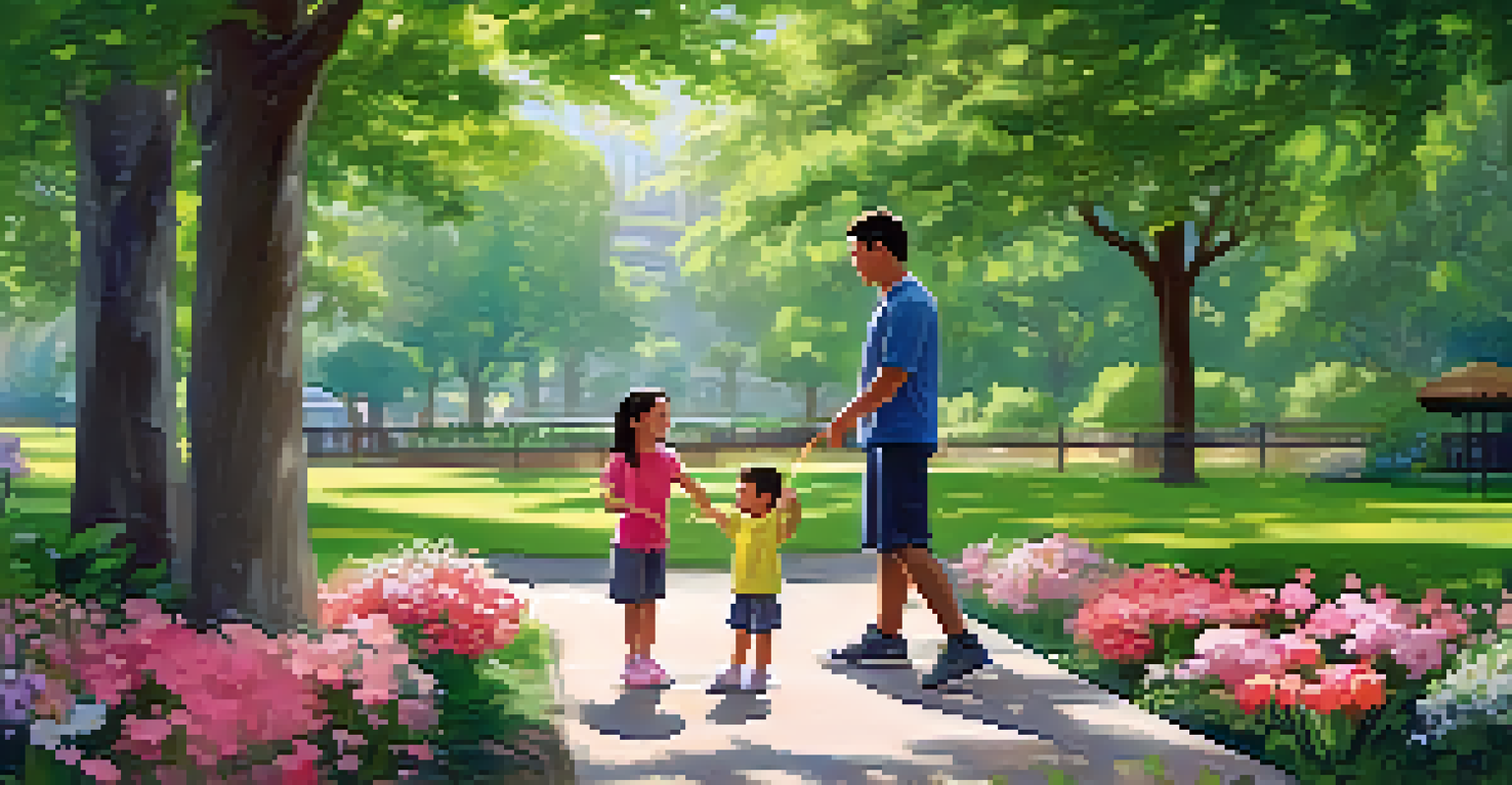 A parent and child practicing self-defense role-play in a peaceful park, with trees and flowers surrounding them.