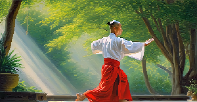 A Kung Fu practitioner in traditional attire performing a graceful movement in a peaceful outdoor setting surrounded by greenery.