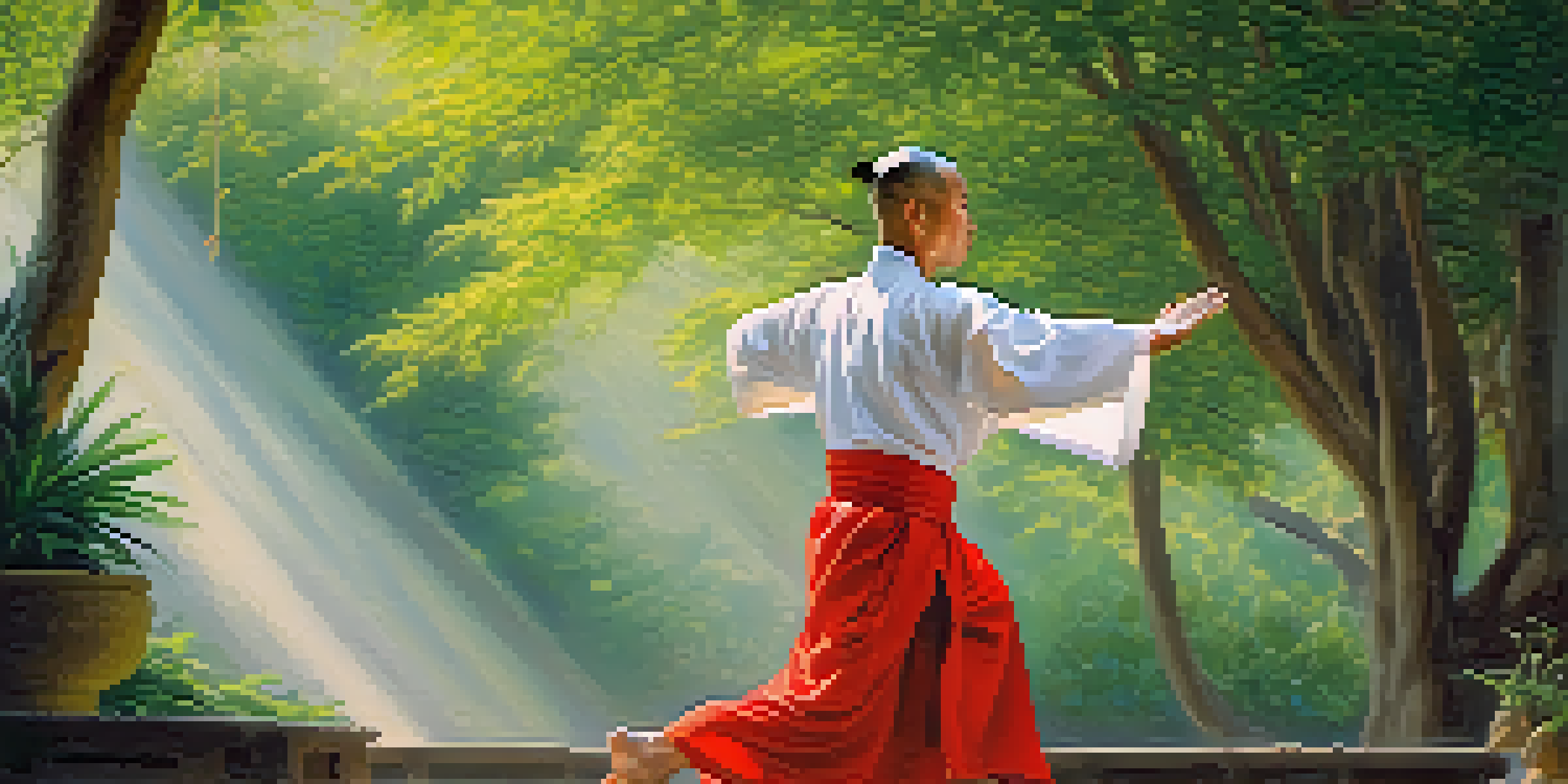 A Kung Fu practitioner in traditional attire performing a graceful movement in a peaceful outdoor setting surrounded by greenery.