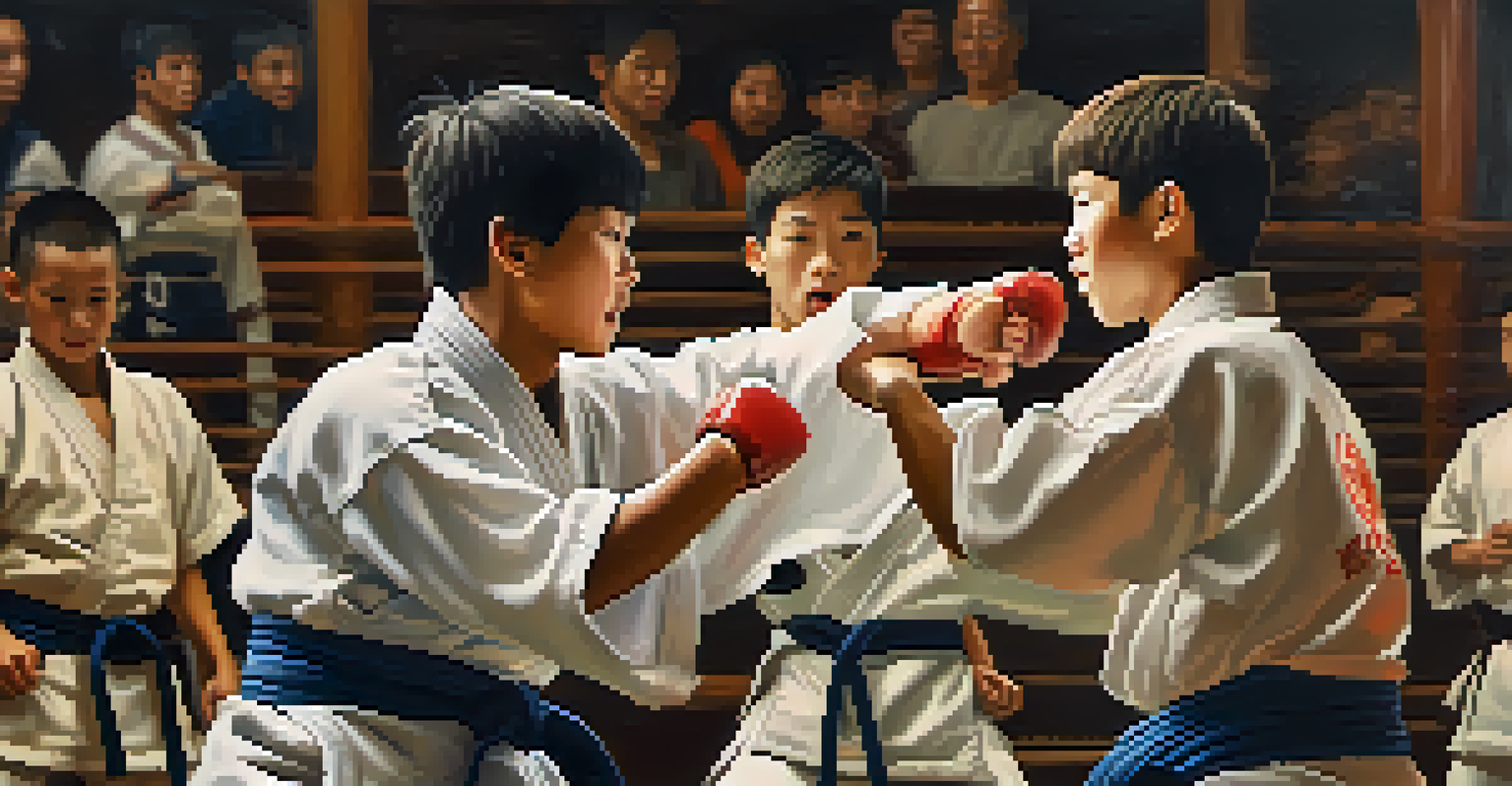 Two young martial artists sparring with expressions of concentration and joy, surrounded by supportive peers in a dojo.