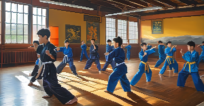 A diverse group of martial arts students practicing together in a dojo, displaying teamwork and focus.
