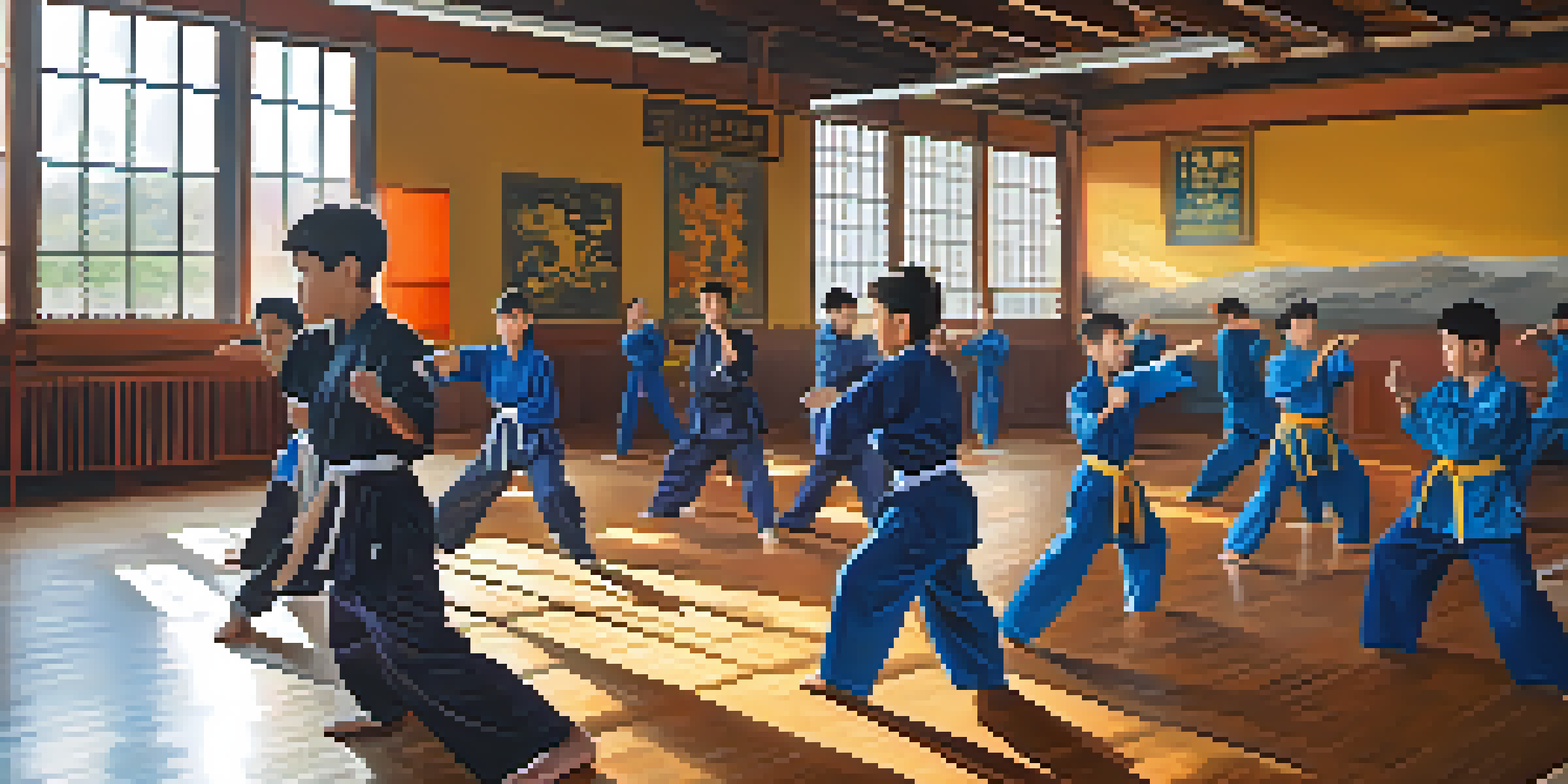 A diverse group of martial arts students practicing together in a dojo, displaying teamwork and focus.