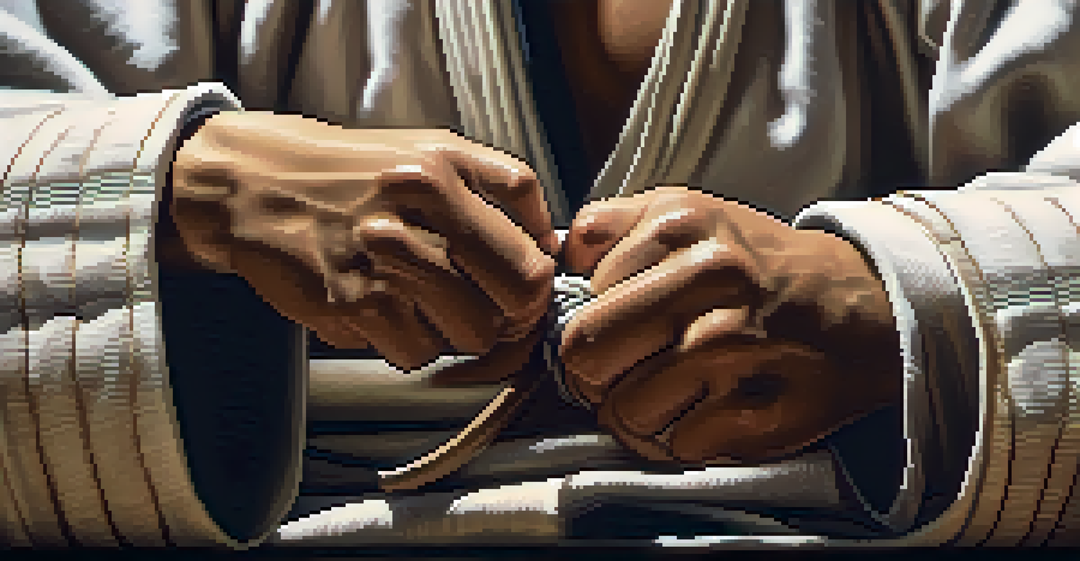 Close-up of a martial artist wrapping their fists with cloth, emphasizing focus and preparation.