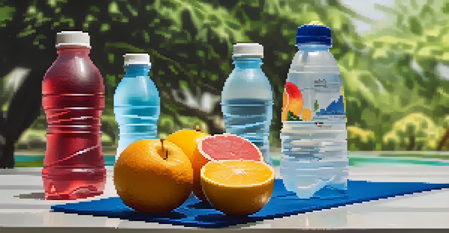 A selection of hydration options like water bottles and fruits on a training mat, with a blurred dojo in the background.