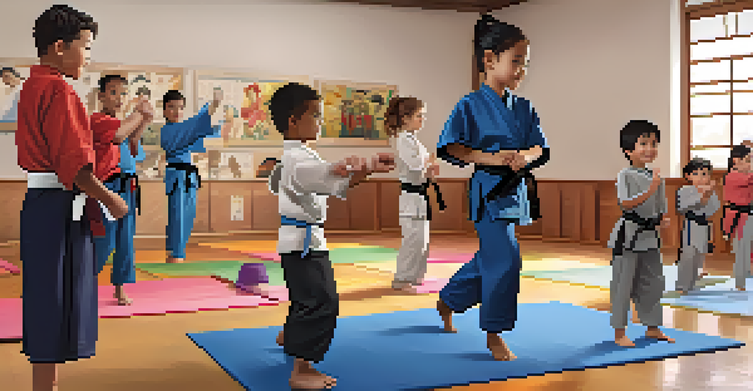 A diverse group of children in a martial arts class, practicing techniques under the guidance of an instructor.