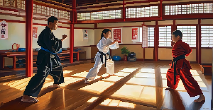 A family of four practicing martial arts in a bright dojo, showcasing teamwork and support.