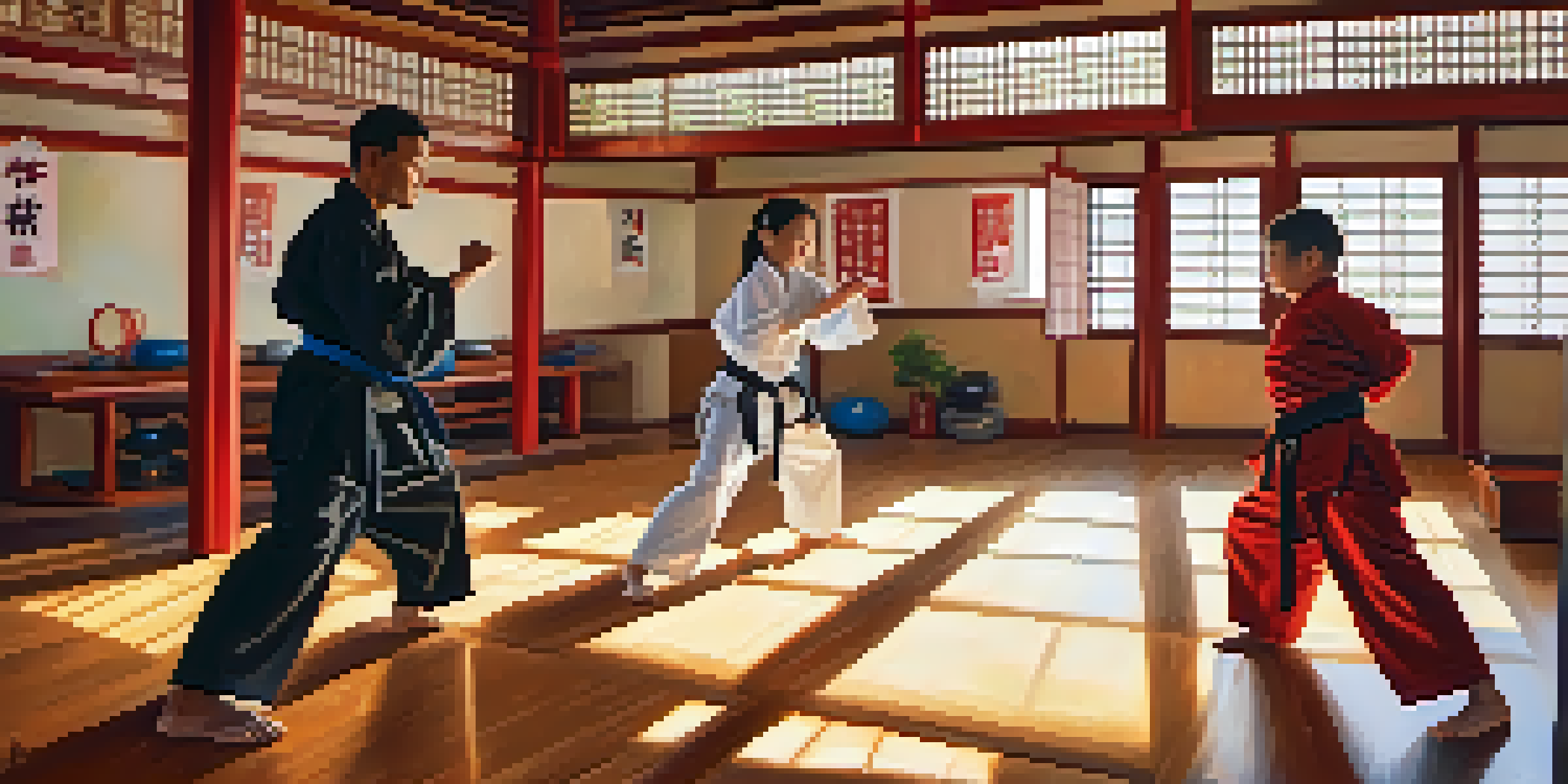 A family of four practicing martial arts in a bright dojo, showcasing teamwork and support.