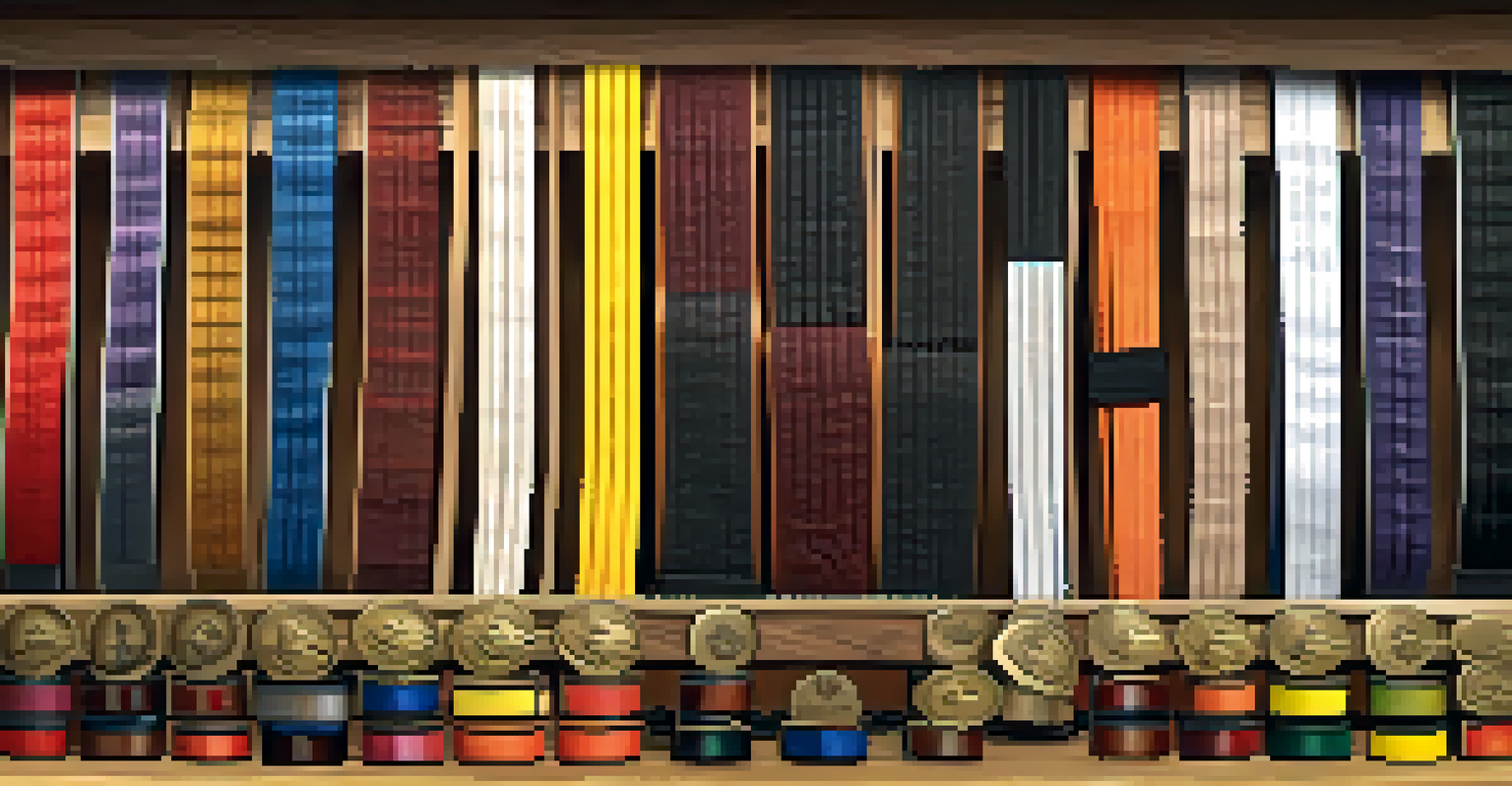 A detailed view of different colored martial arts belts arranged on a shelf, representing personal growth and achievement.