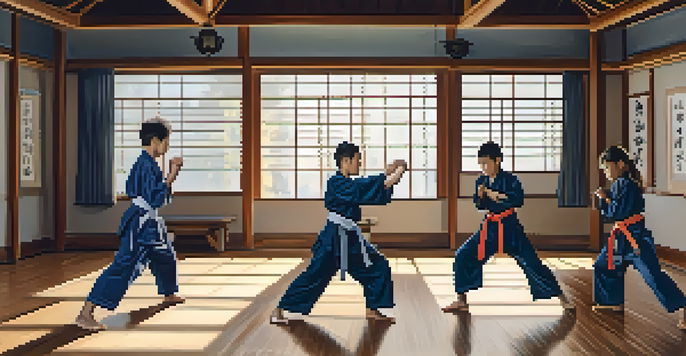 A family practicing martial arts in a well-lit dojo, showcasing their skills and focus with colorful belts.