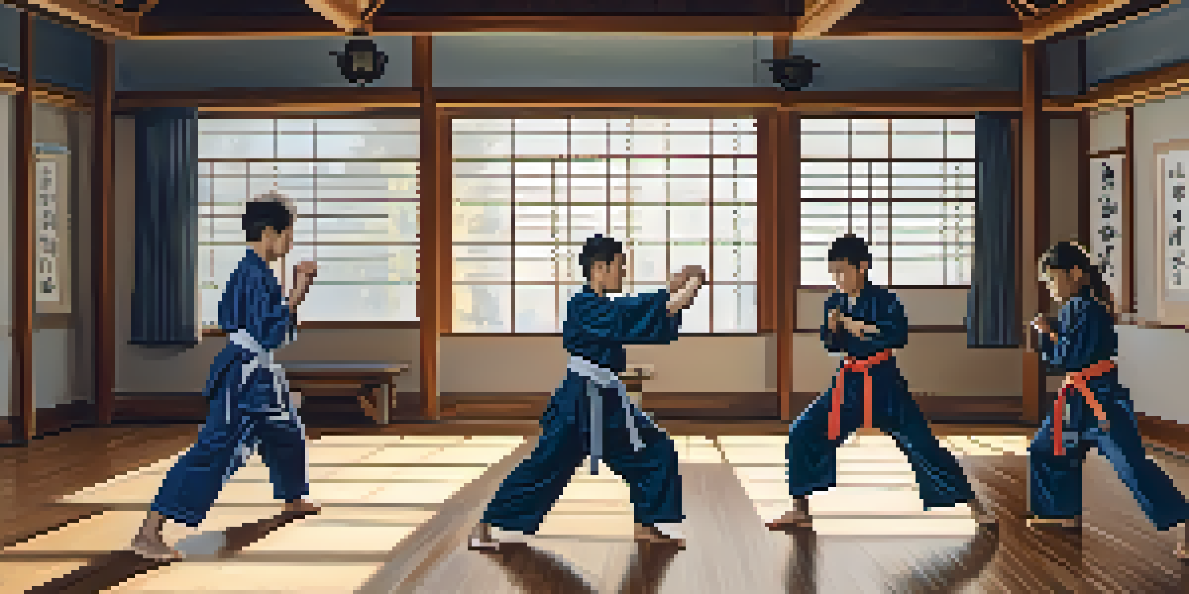 A family practicing martial arts in a well-lit dojo, showcasing their skills and focus with colorful belts.