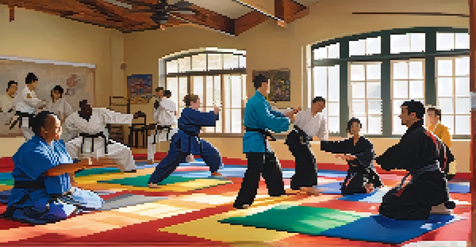 A diverse group of individuals with disabilities practicing martial arts in a supportive environment, smiling and encouraging each other.