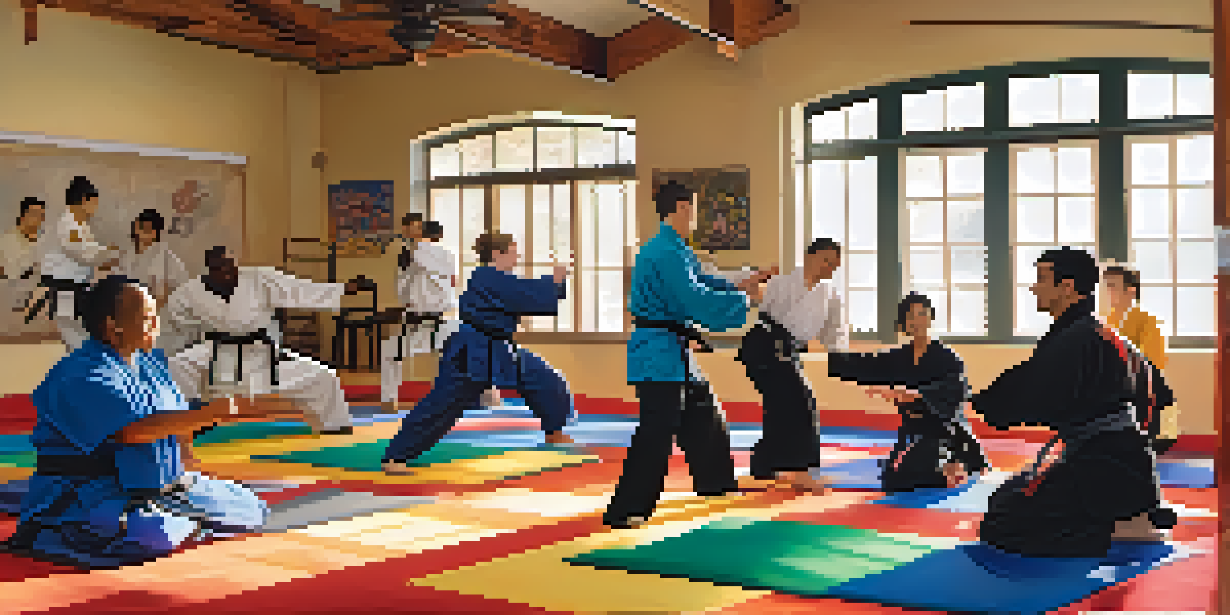 A diverse group of individuals with disabilities practicing martial arts in a supportive environment, smiling and encouraging each other.