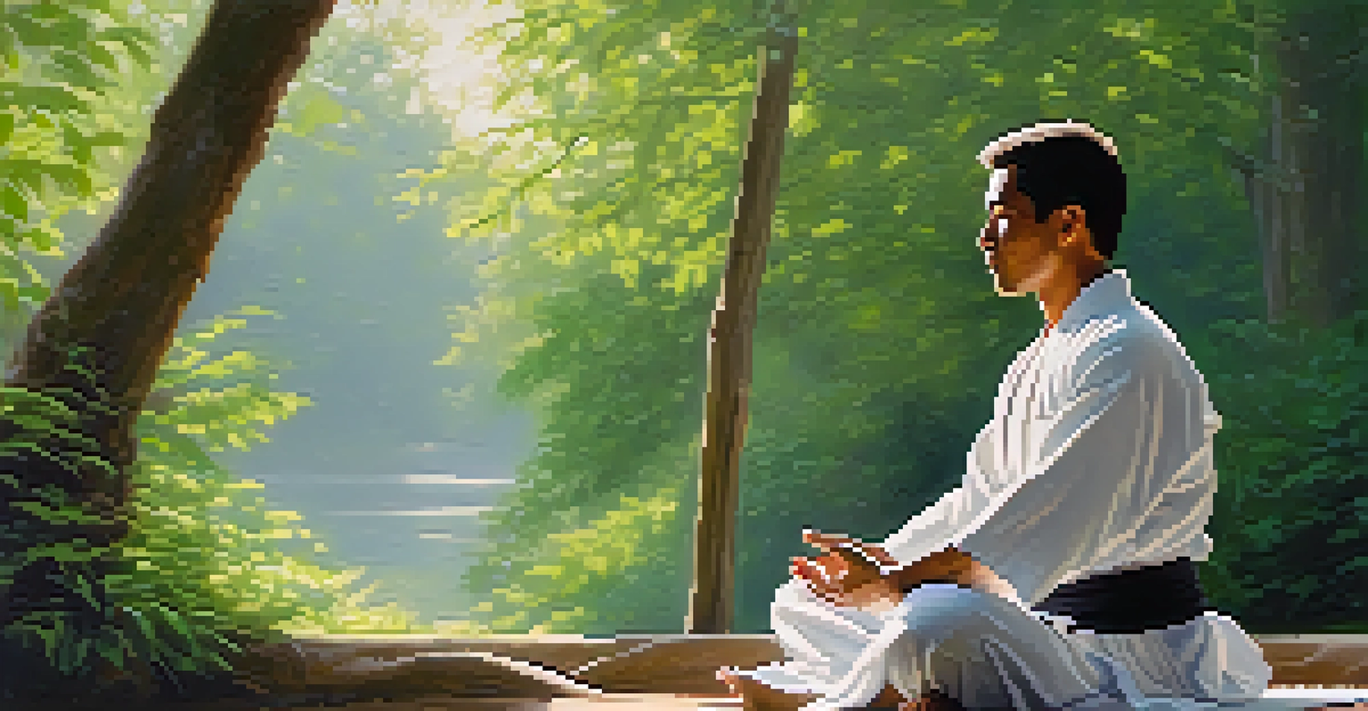 A martial artist meditating outdoors surrounded by nature, with soft morning light and greenery.
