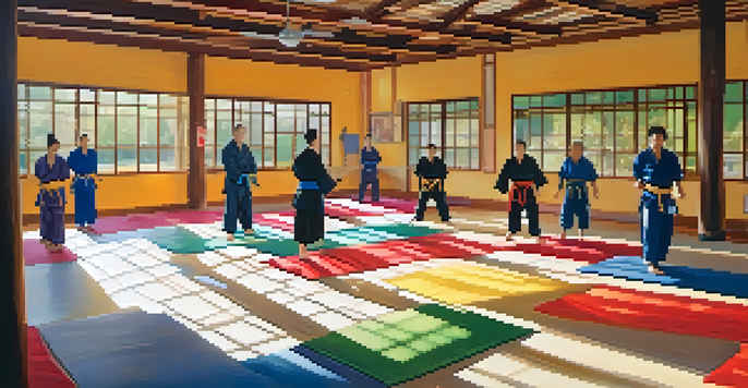A lively dojo with diverse martial artists training together, displaying encouragement and community spirit.