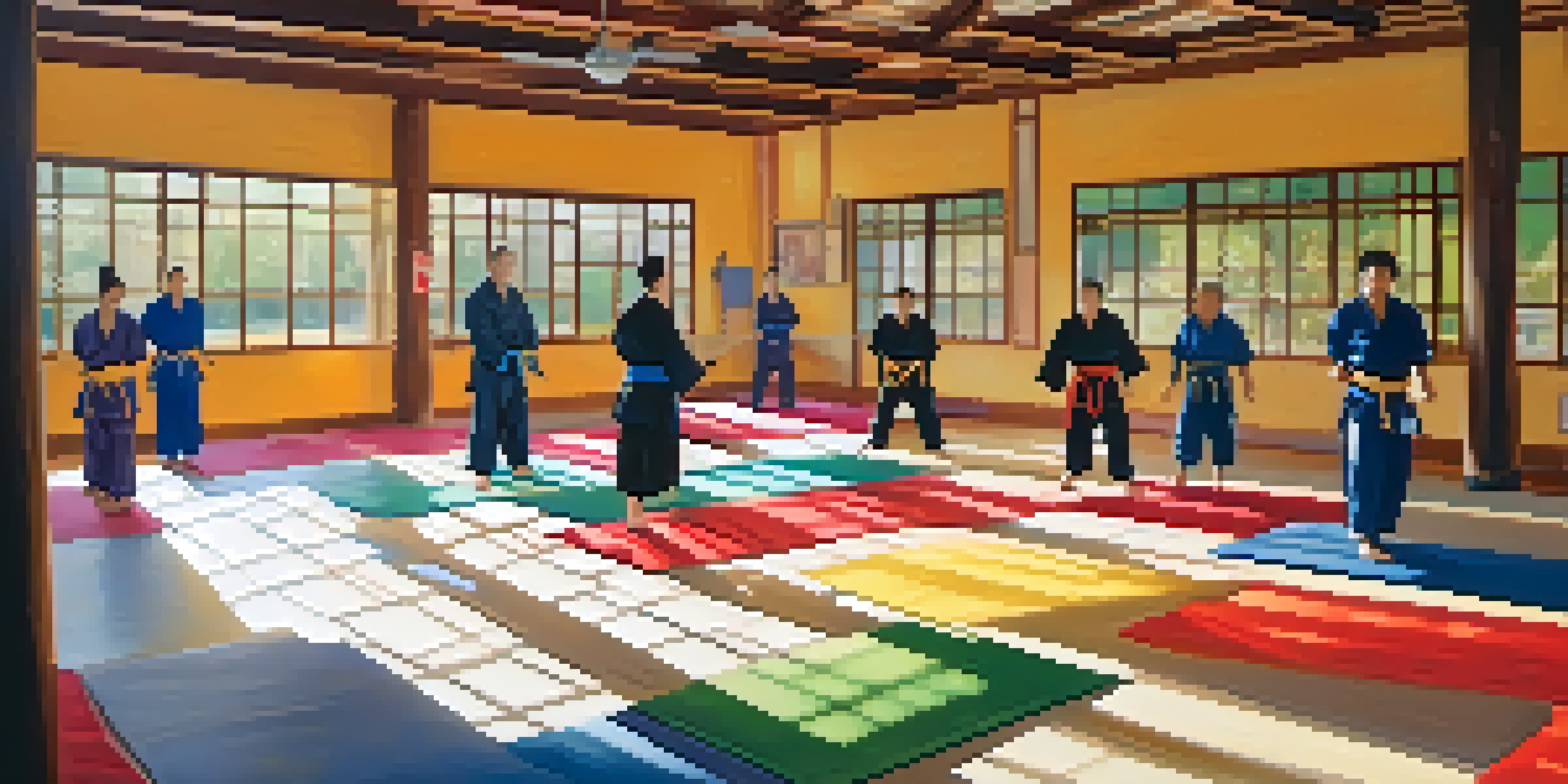 A lively dojo with diverse martial artists training together, displaying encouragement and community spirit.