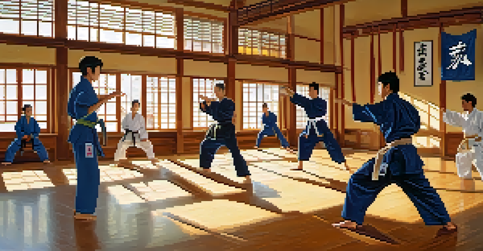 A martial arts instructor teaching a technique to students in a well-lit dojo.