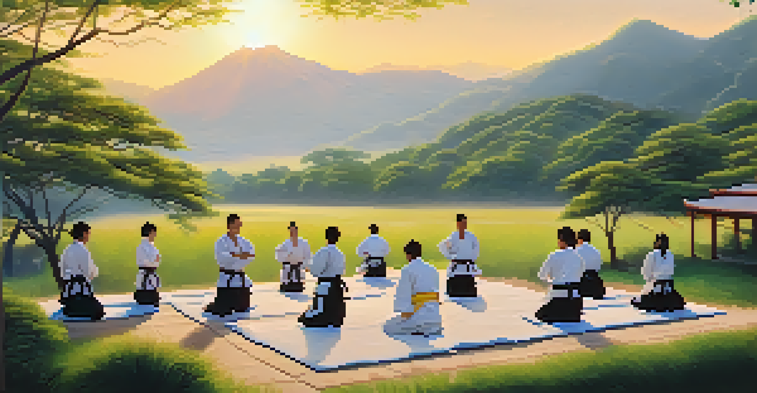 A diverse group of martial arts practitioners training outdoors in a serene setting with mountains and greenery, during sunset.