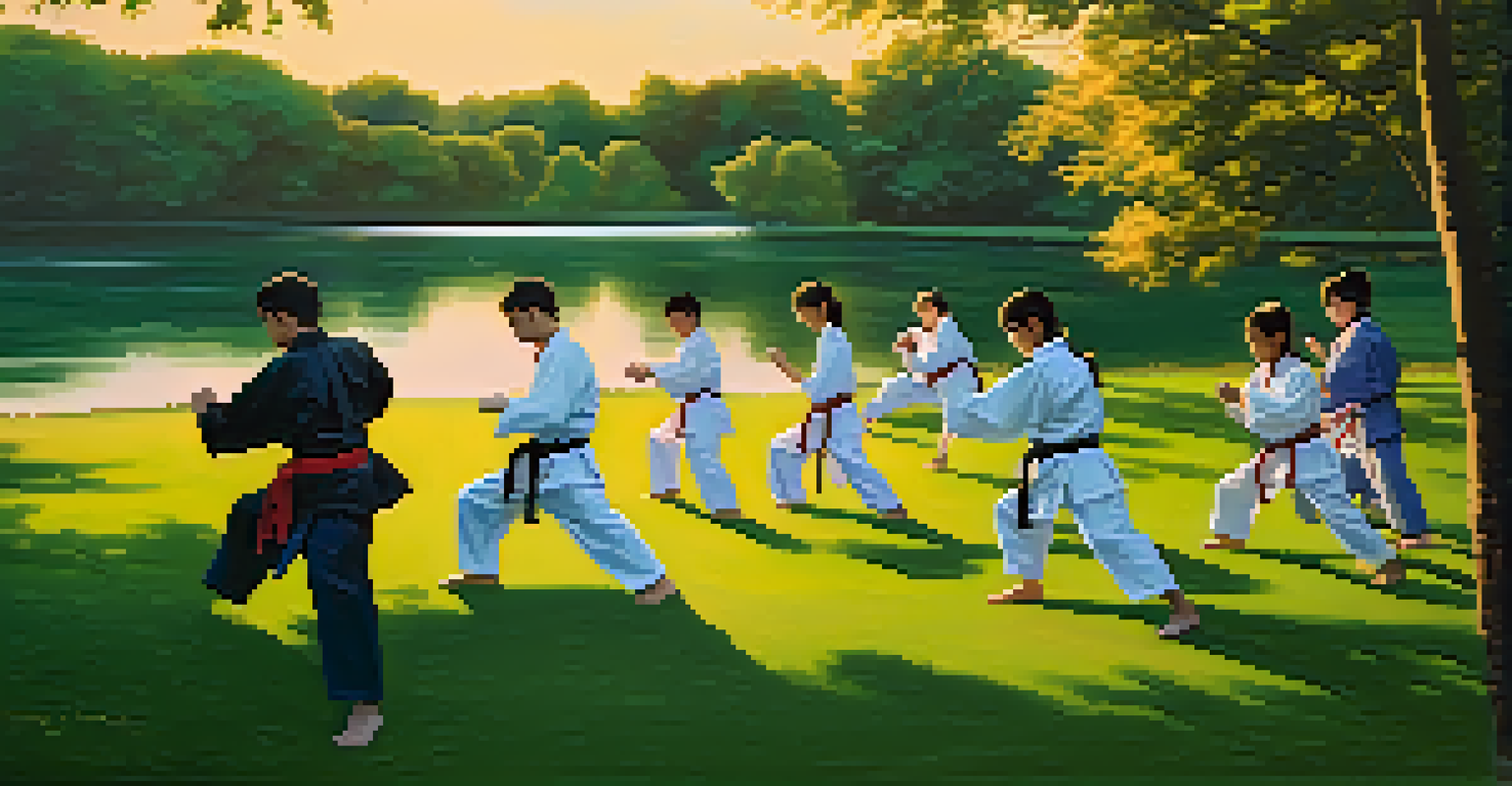 A group of martial arts students practicing in a park at sunset, surrounded by nature.