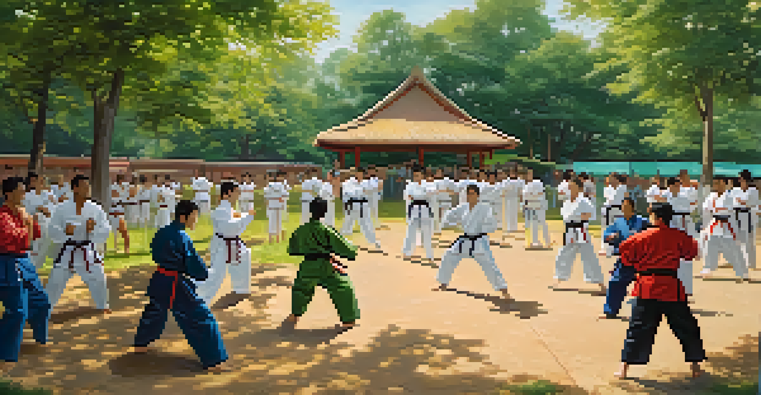 Participants wearing martial arts uniforms sparring in a sunny park, surrounded by trees and families enjoying a picnic.