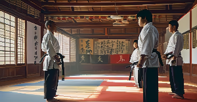A peaceful martial arts dojo with practitioners in traditional attire sparring, illuminated by natural light and decorated with motivational quotes.