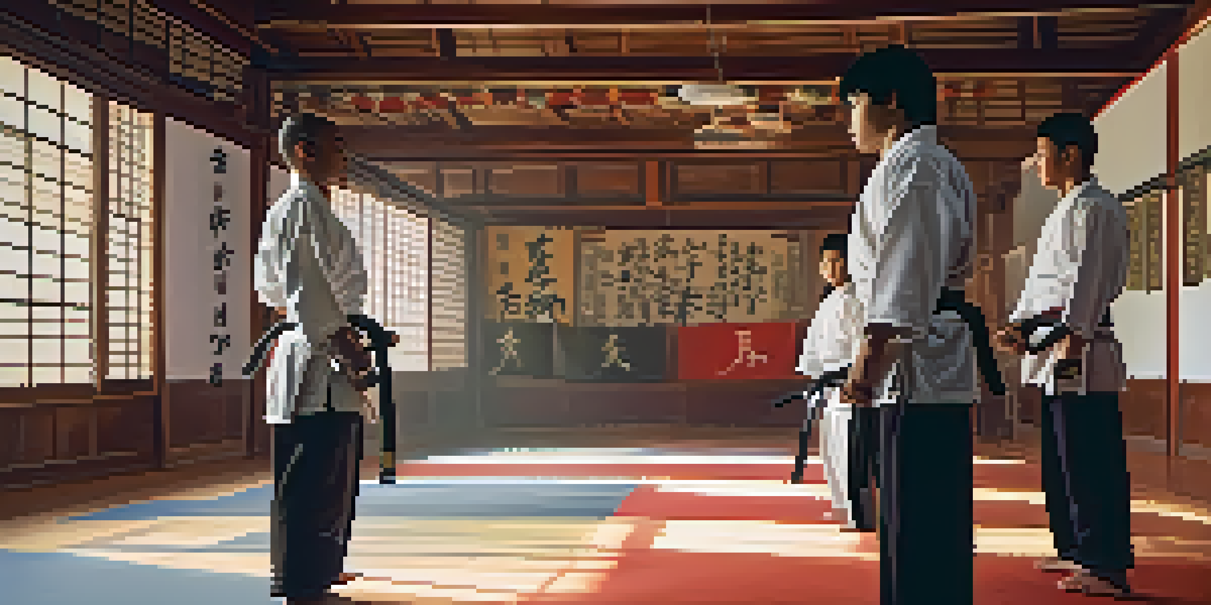 A peaceful martial arts dojo with practitioners in traditional attire sparring, illuminated by natural light and decorated with motivational quotes.