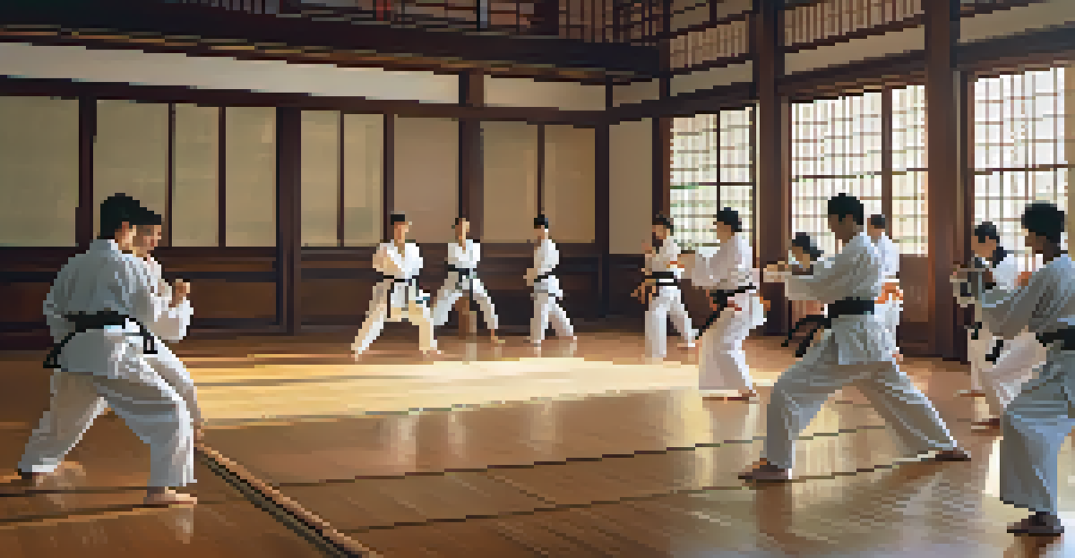 Students practicing martial arts in an indoor dojo, surrounded by traditional decorations and warm lighting.