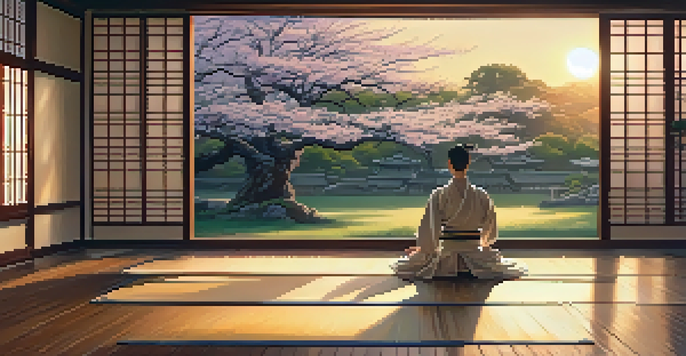 A martial artist practicing kata in a serene dojo during sunset, with wooden floors and a garden view.