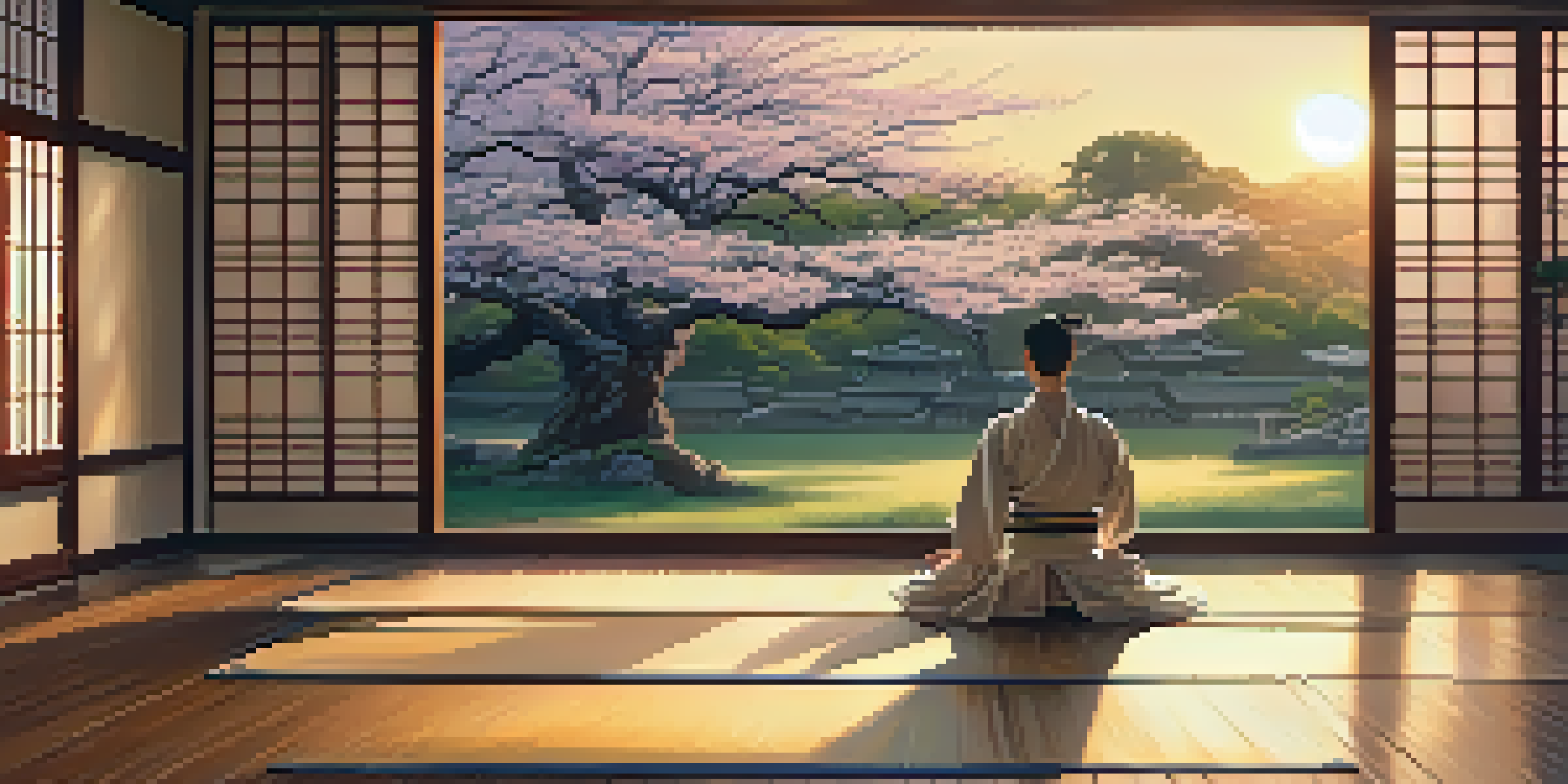 A martial artist practicing kata in a serene dojo during sunset, with wooden floors and a garden view.
