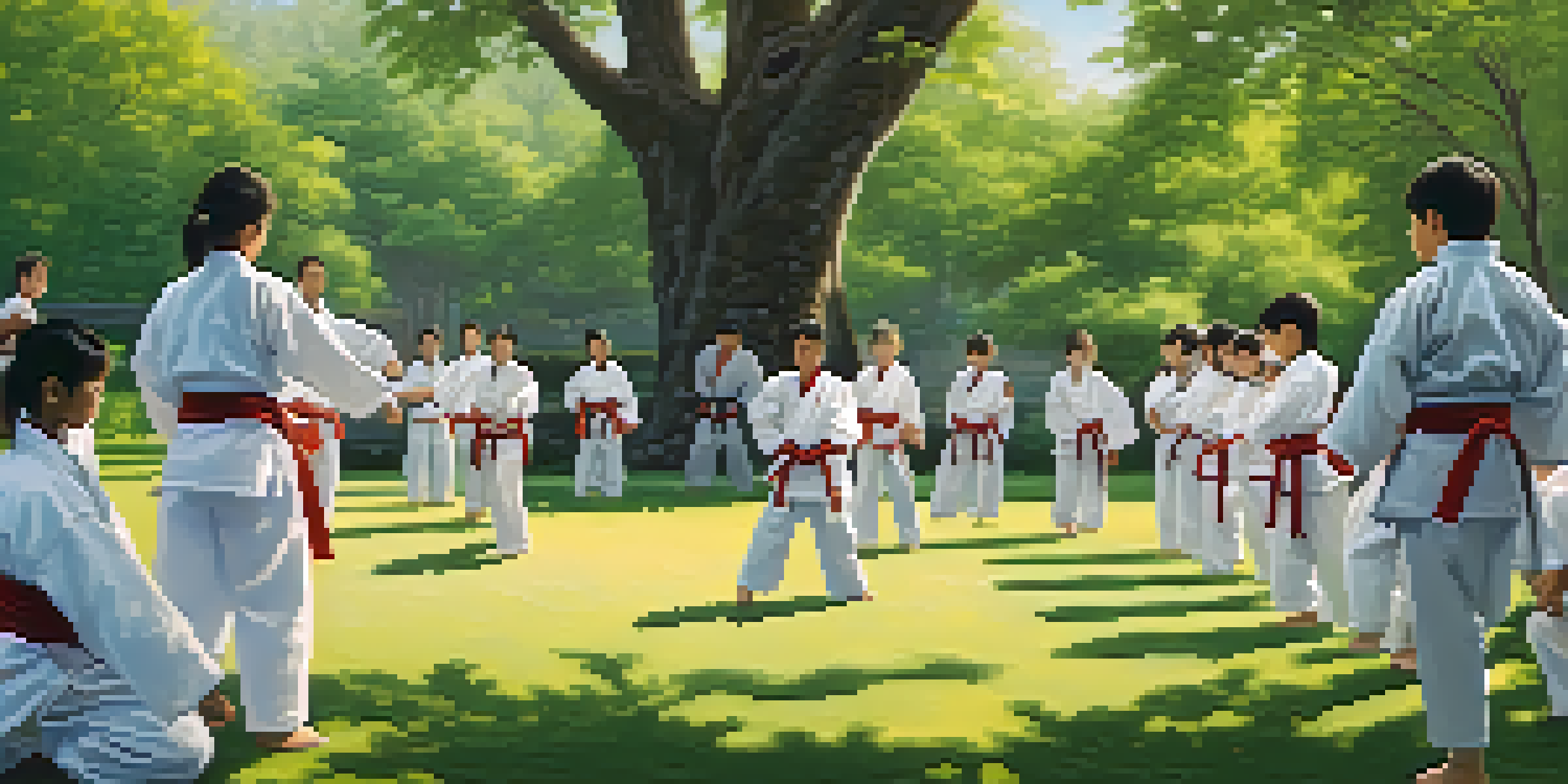 A diverse group of students practicing martial arts in a sunny park, led by a female instructor demonstrating a kick.