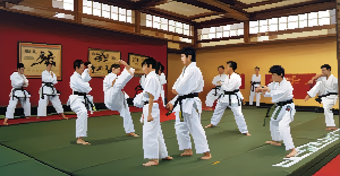 A vibrant dojo scene with martial artists practicing various techniques, illuminated by natural light coming through large windows.
