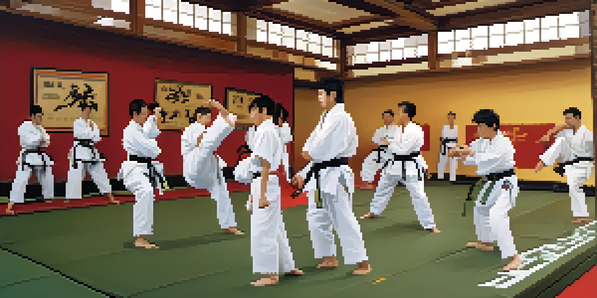 A vibrant dojo scene with martial artists practicing various techniques, illuminated by natural light coming through large windows.