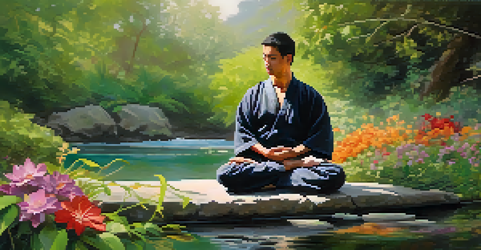 A martial artist meditating outdoors in a peaceful environment, with greenery and a stream in the background.
