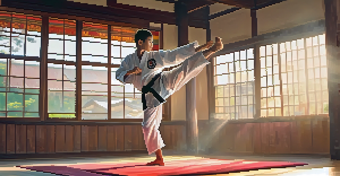 A young martial artist performing a high kick in a brightly lit dojo, emphasizing determination and traditional attire.