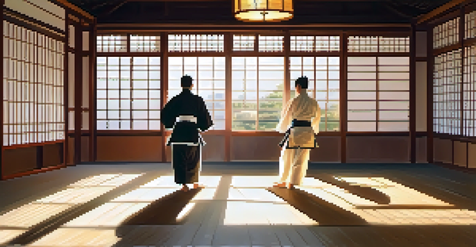 A peaceful dojo with students practicing martial arts, illuminated by sunlight through large windows.