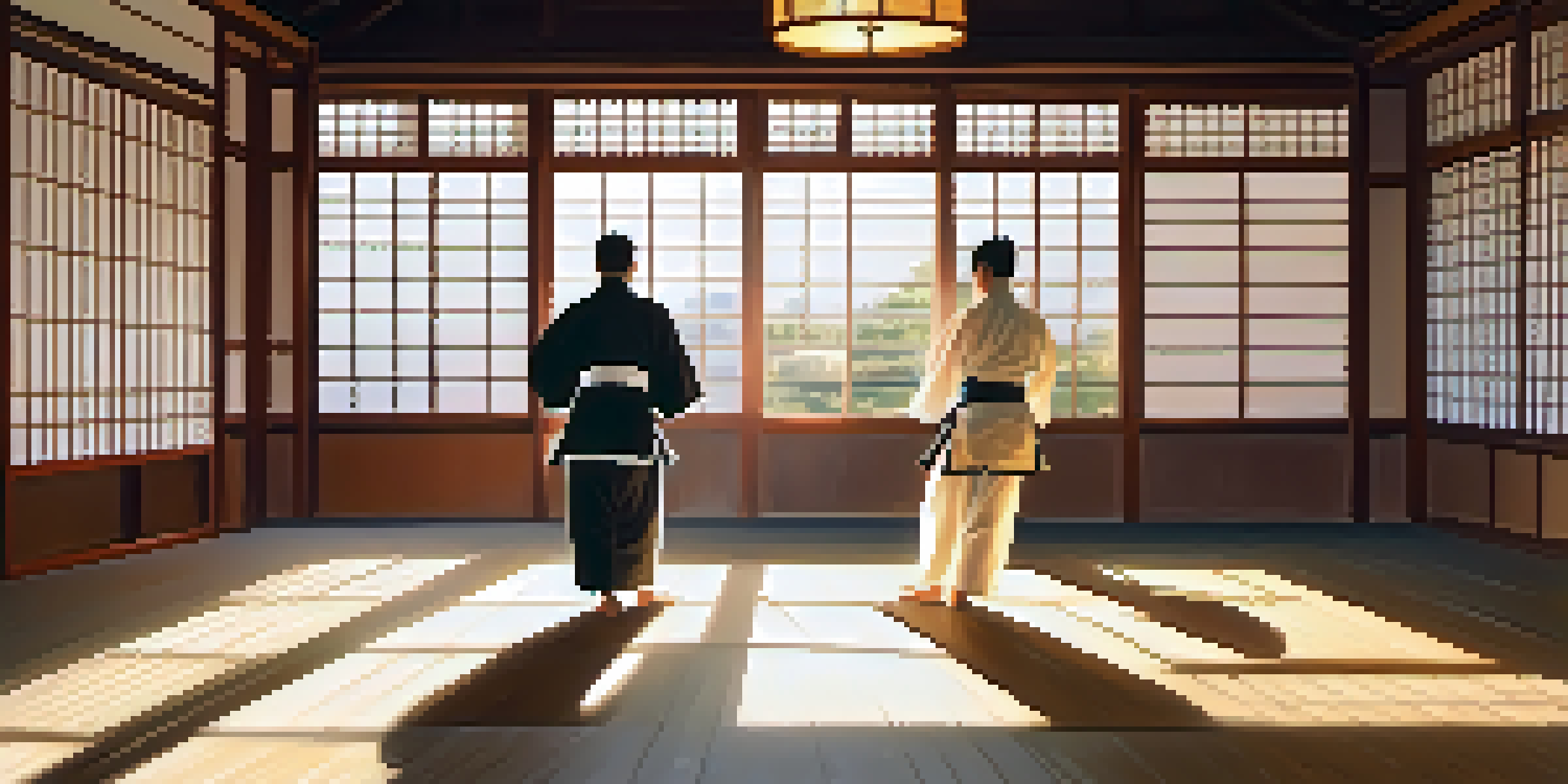A peaceful dojo with students practicing martial arts, illuminated by sunlight through large windows.
