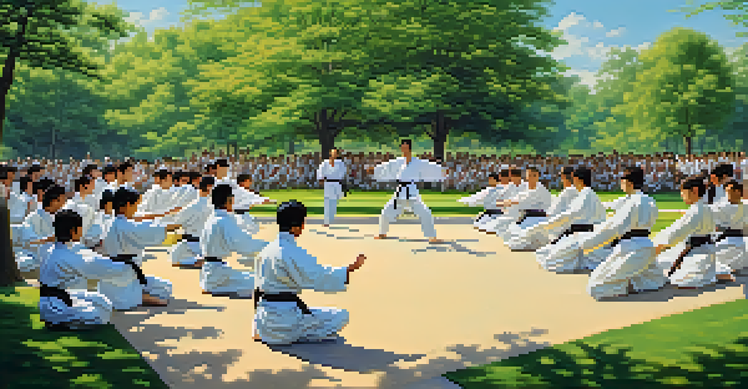 A group of martial arts students performing in a park, surrounded by spectators and nature, emphasizing community and cultural exchange.