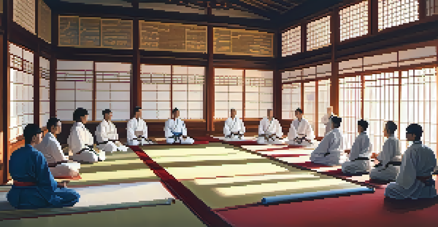 A diverse group of martial artists meditating in a traditional dojo with sunlight streaming through the windows.