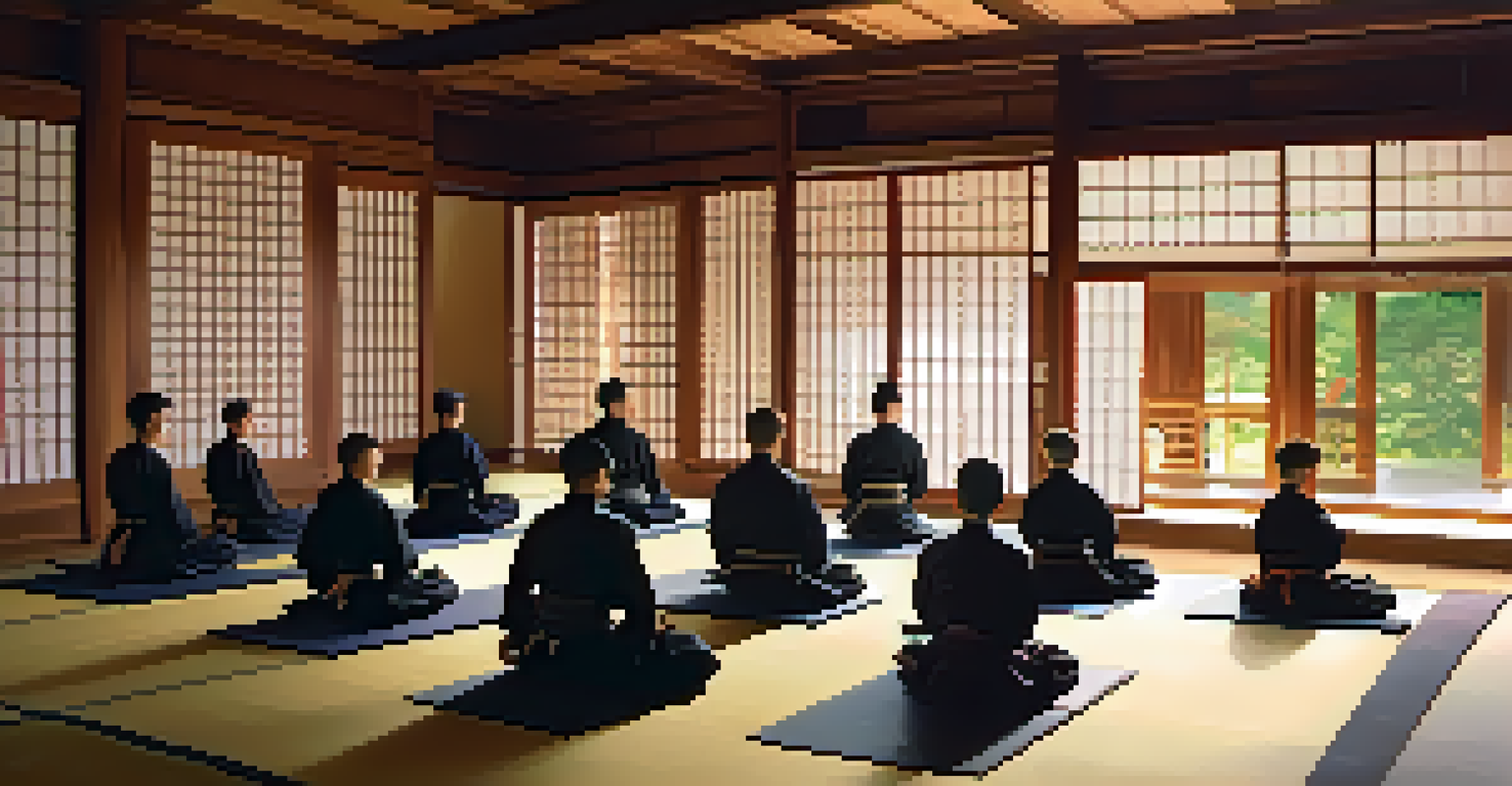 Students meditating in a dojo with warm wooden interiors and natural light filtering through windows.