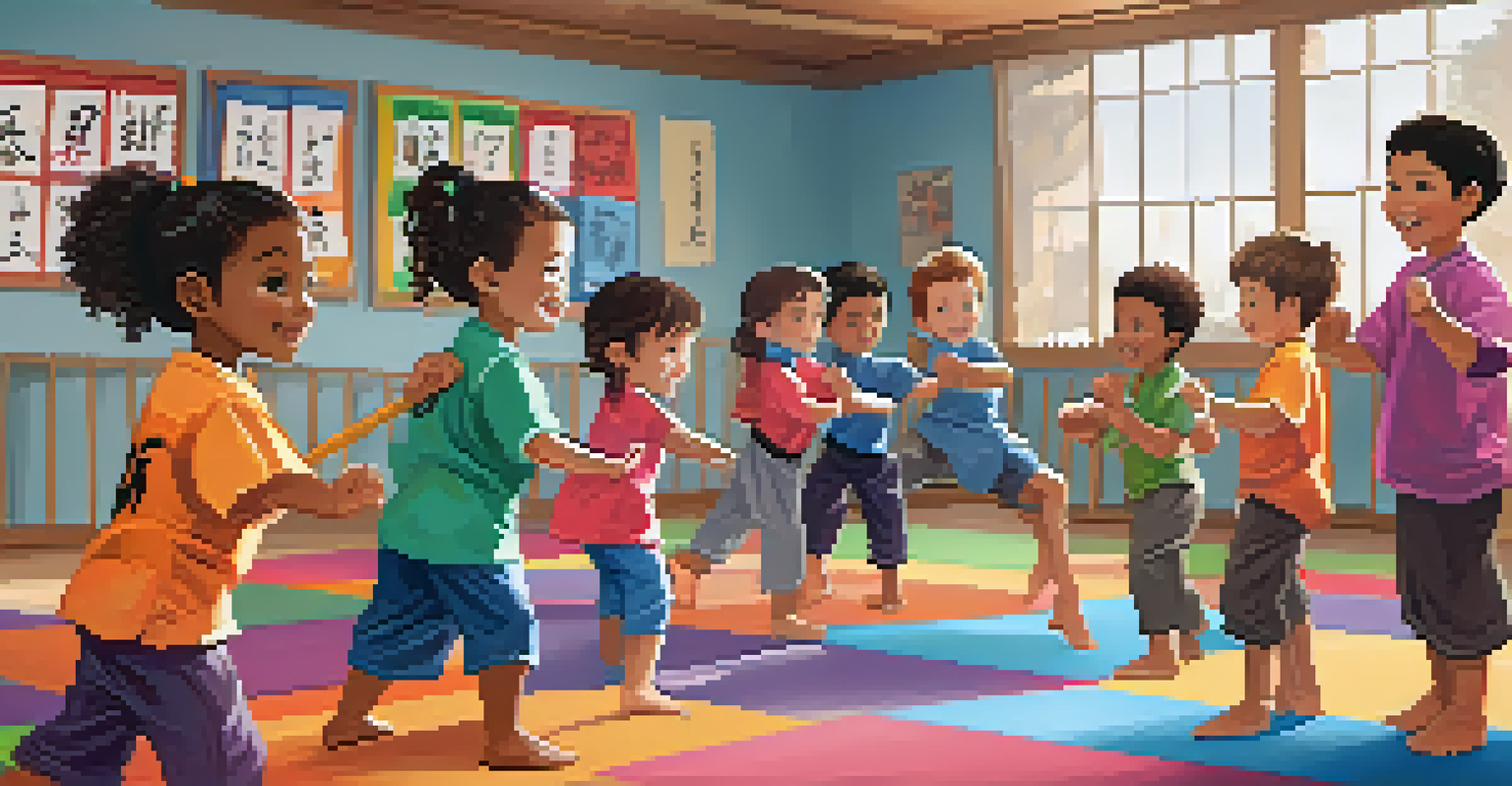 Children in a colorful martial arts classroom practicing self-defense moves with an instructor, showcasing teamwork and respect.