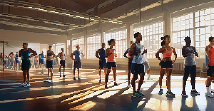 A diverse group of athletes warming up in a bright gym, performing dynamic stretches with fitness equipment in the background.