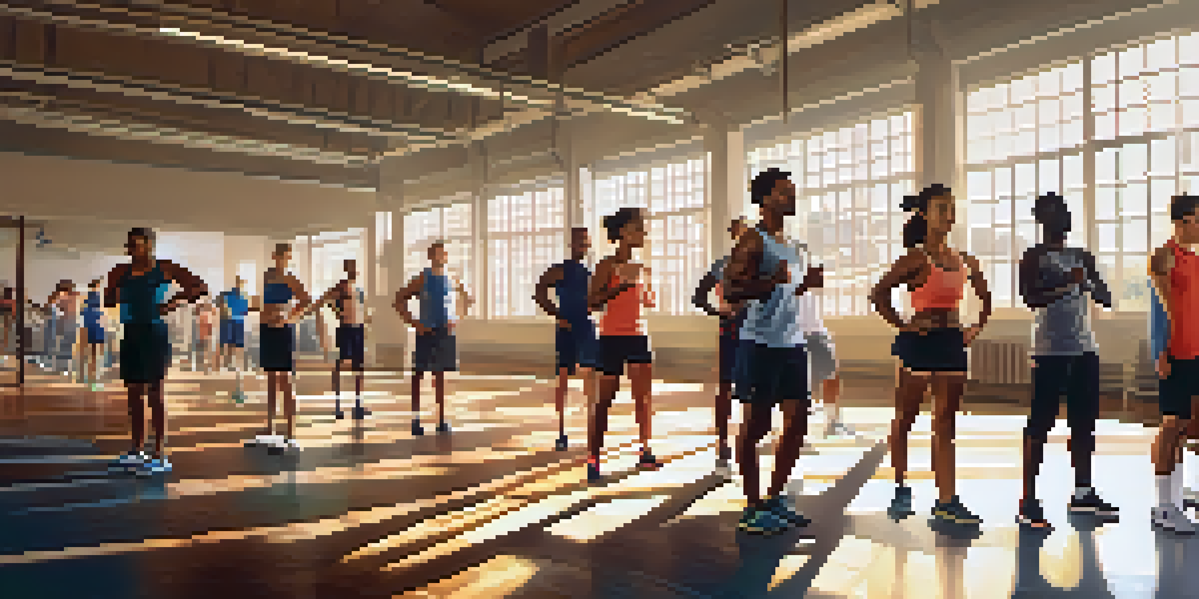 A diverse group of athletes warming up in a bright gym, performing dynamic stretches with fitness equipment in the background.