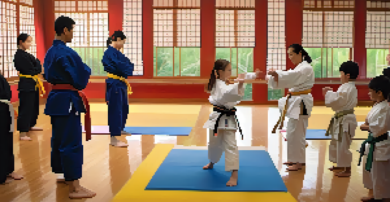 A family learning martial arts in a dojo, following the instructor's technique demonstration.