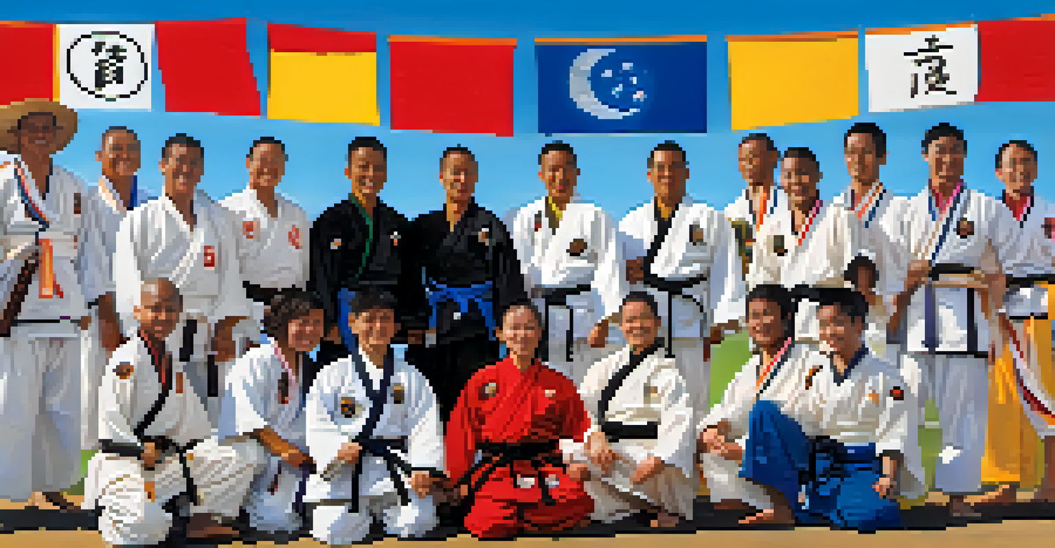 A group of diverse martial arts practitioners outside a community center, celebrating with medals after a tournament, against a bright blue sky.