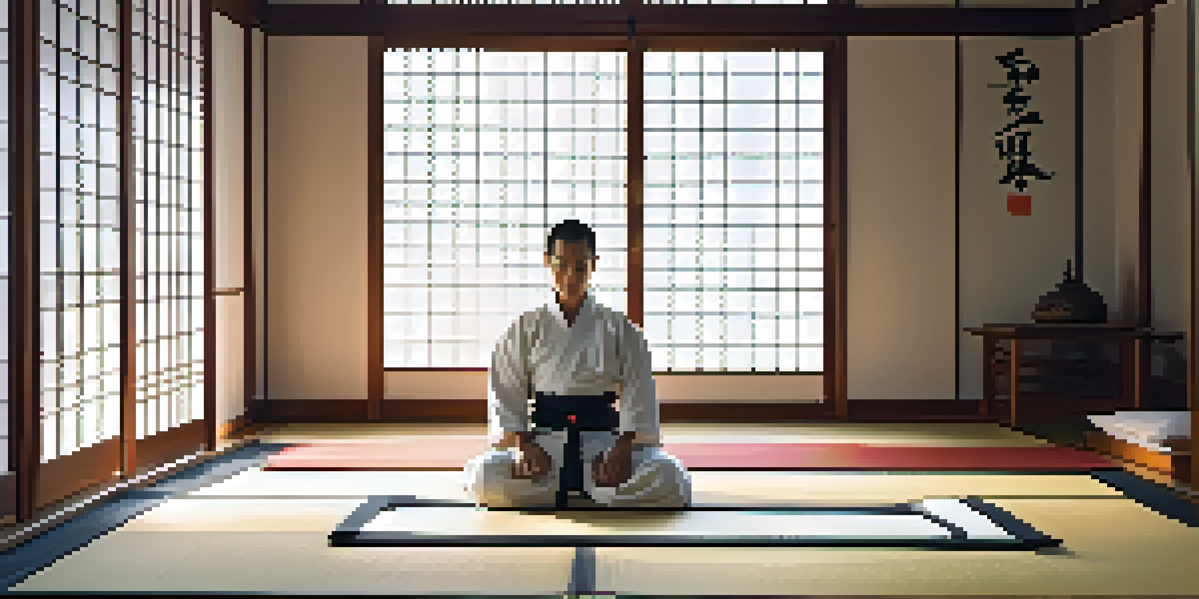 A martial artist meditating on a tatami mat in a dojo, surrounded by soft sunlight and traditional decor.
