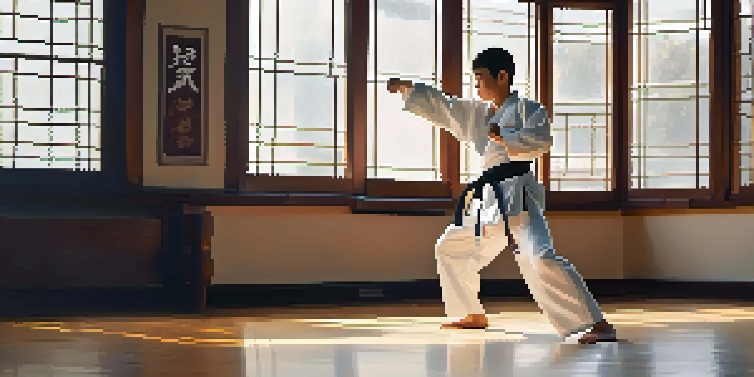A young person in a white martial arts uniform practicing a defensive stance in a bright dojo with wooden floors and large windows.