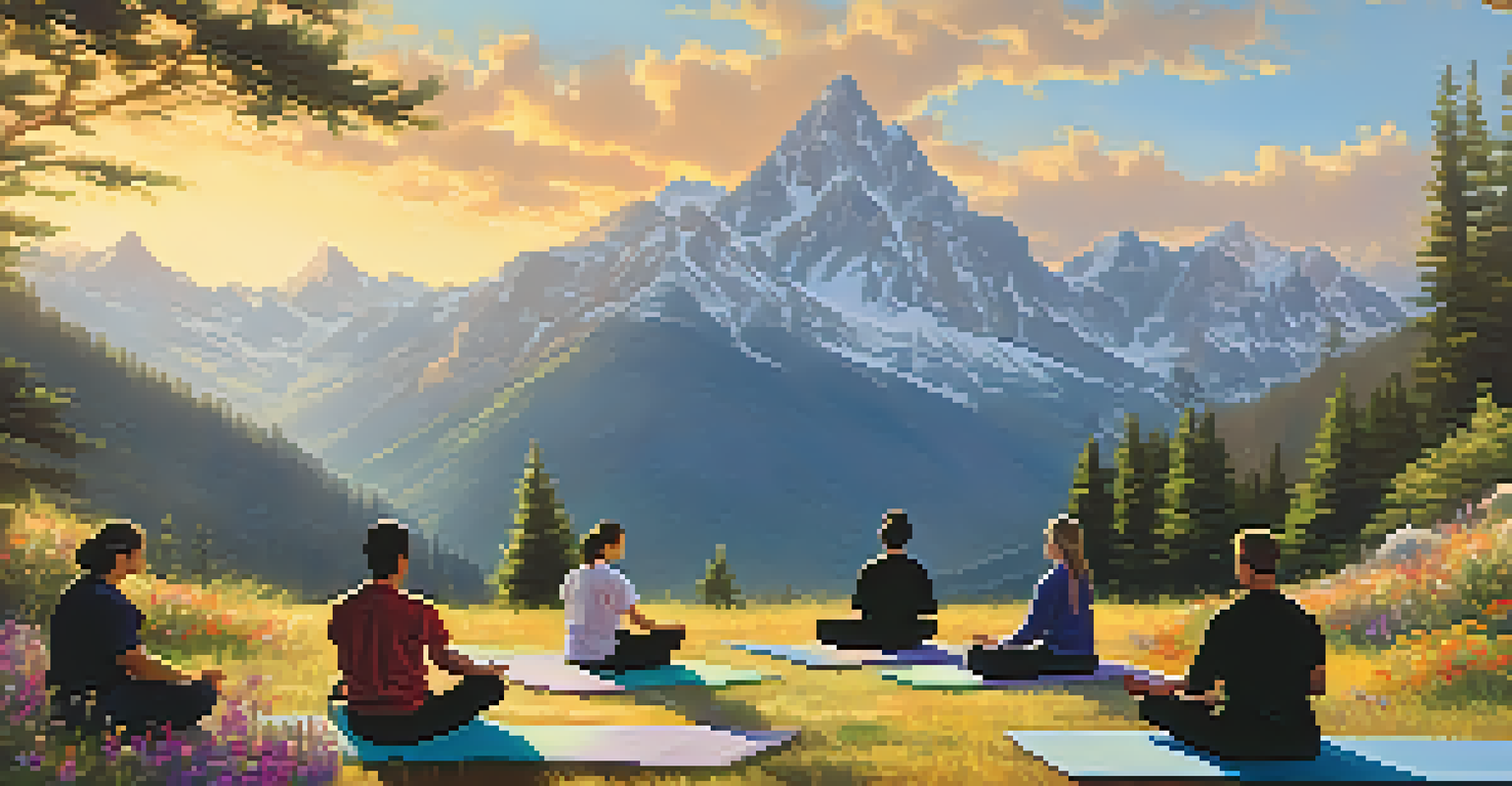 Participants meditating outdoors in a mountain landscape, sitting on yoga mats surrounded by flowers.