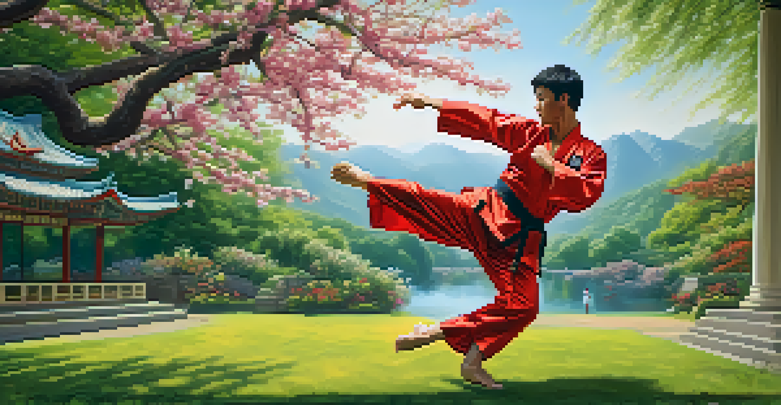 A martial artist performing a roundhouse kick in a vibrant outdoor park filled with greenery and flowers.