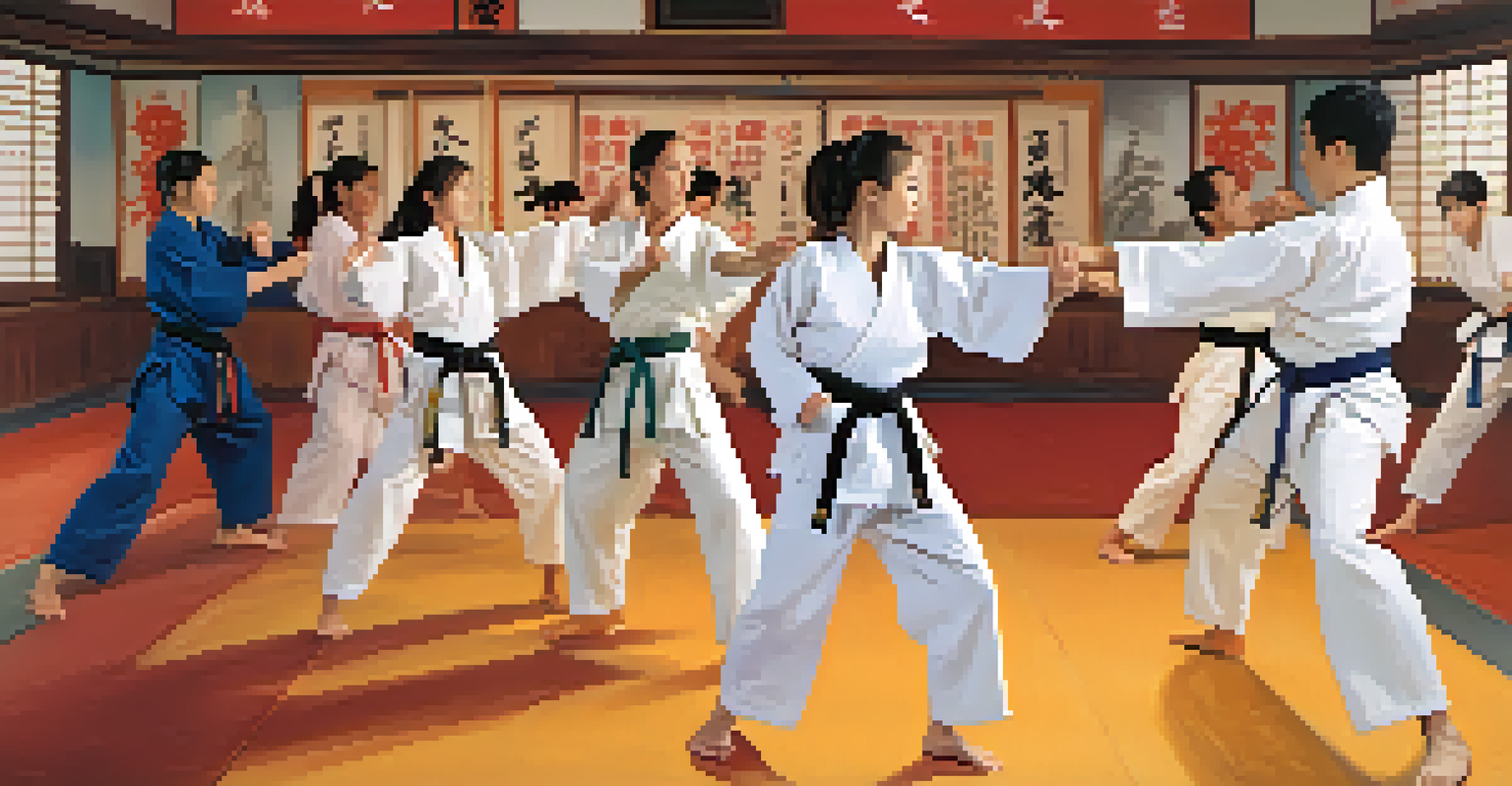 A lively martial arts class with students practicing karate, highlighting a young woman performing a high kick in a bright dojo.