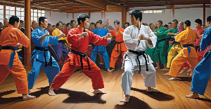A lively scene of martial artists sparring in a colorful dojo with spectators cheering.