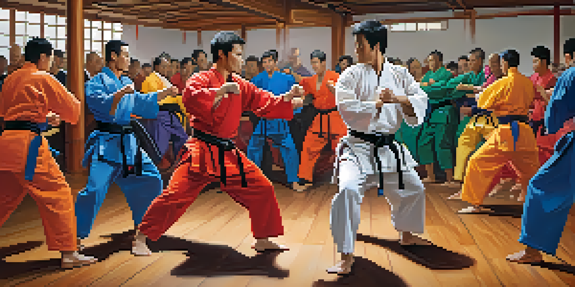 A lively scene of martial artists sparring in a colorful dojo with spectators cheering.